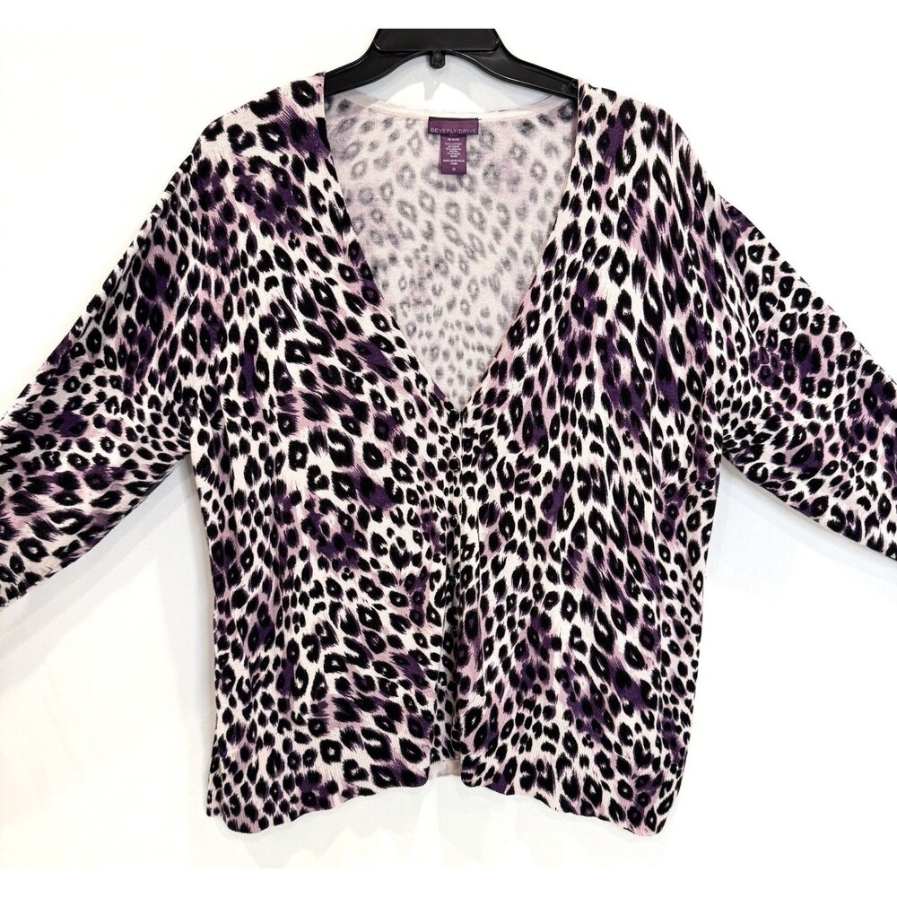 Beverly Drive Womens 3X Plus Size Leopard Print Cardigan Purple Black Button